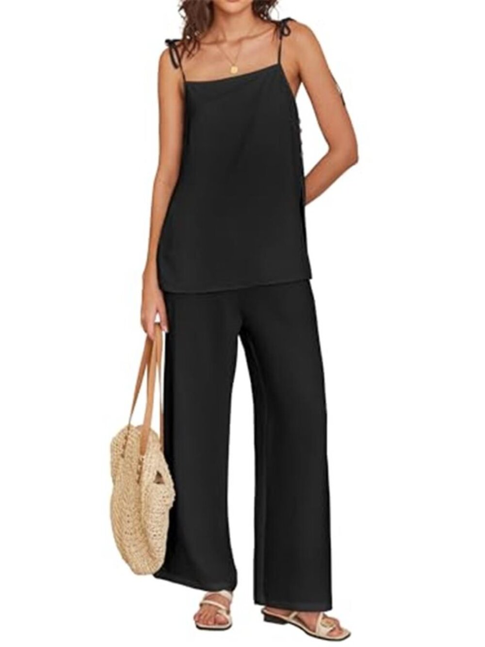 Black 2 Piece Lounge Set Sleeveless Tie Strap Top Wide Leg Pants